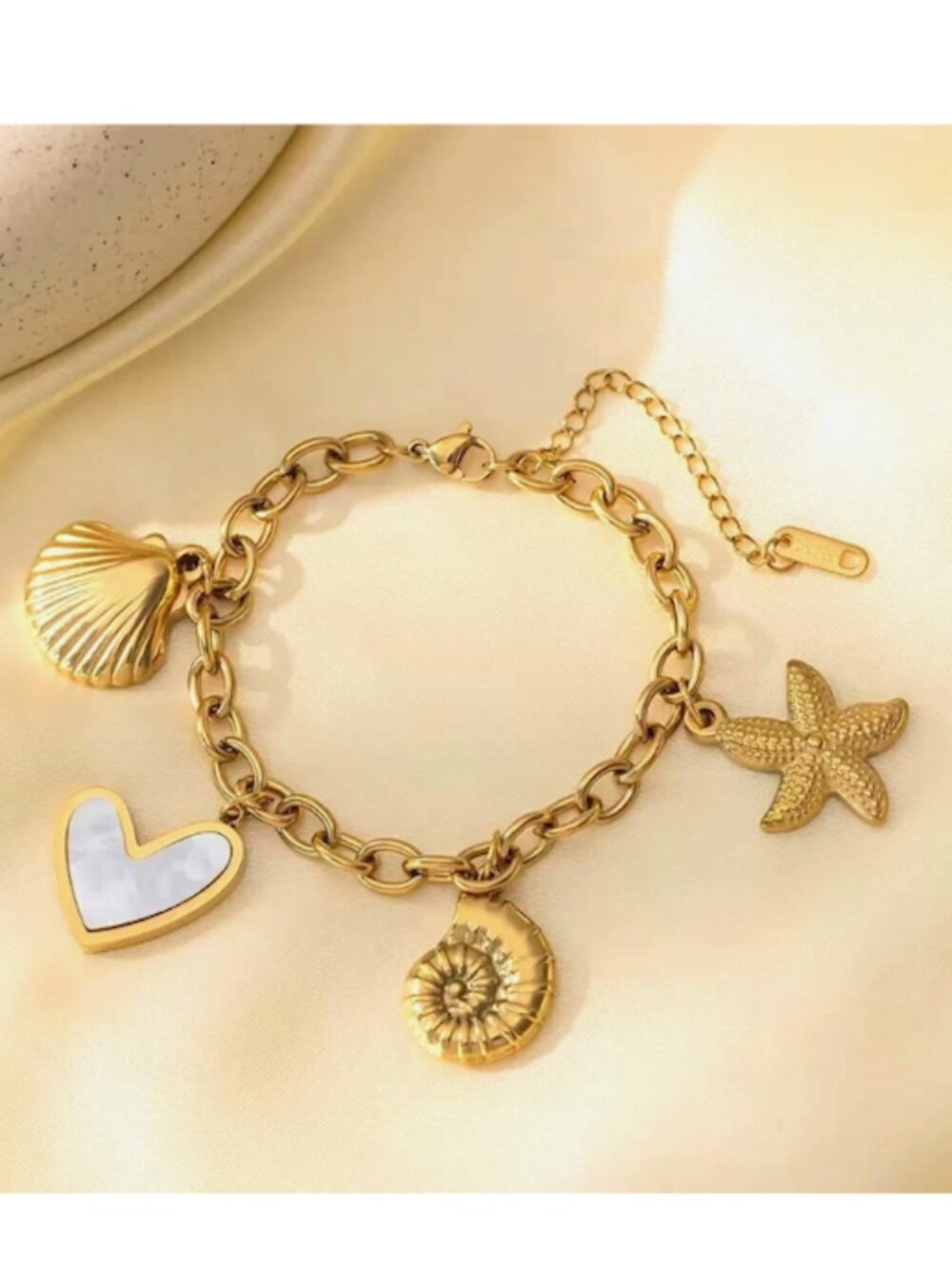 18K Gold Plated Starfish Shell Heart Bracelet Stainless Steel Adjustable NEW